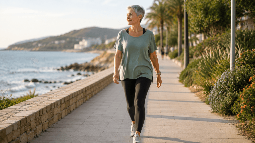 Mujer de pelo corto, de más de 50 años, guapa, caminando serena y sonriente junto al mar, con ropa deportiva