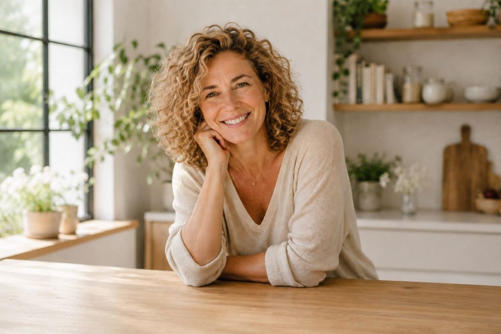 diseño sin título (2) Mujer sonriendo apoyada en una mesa