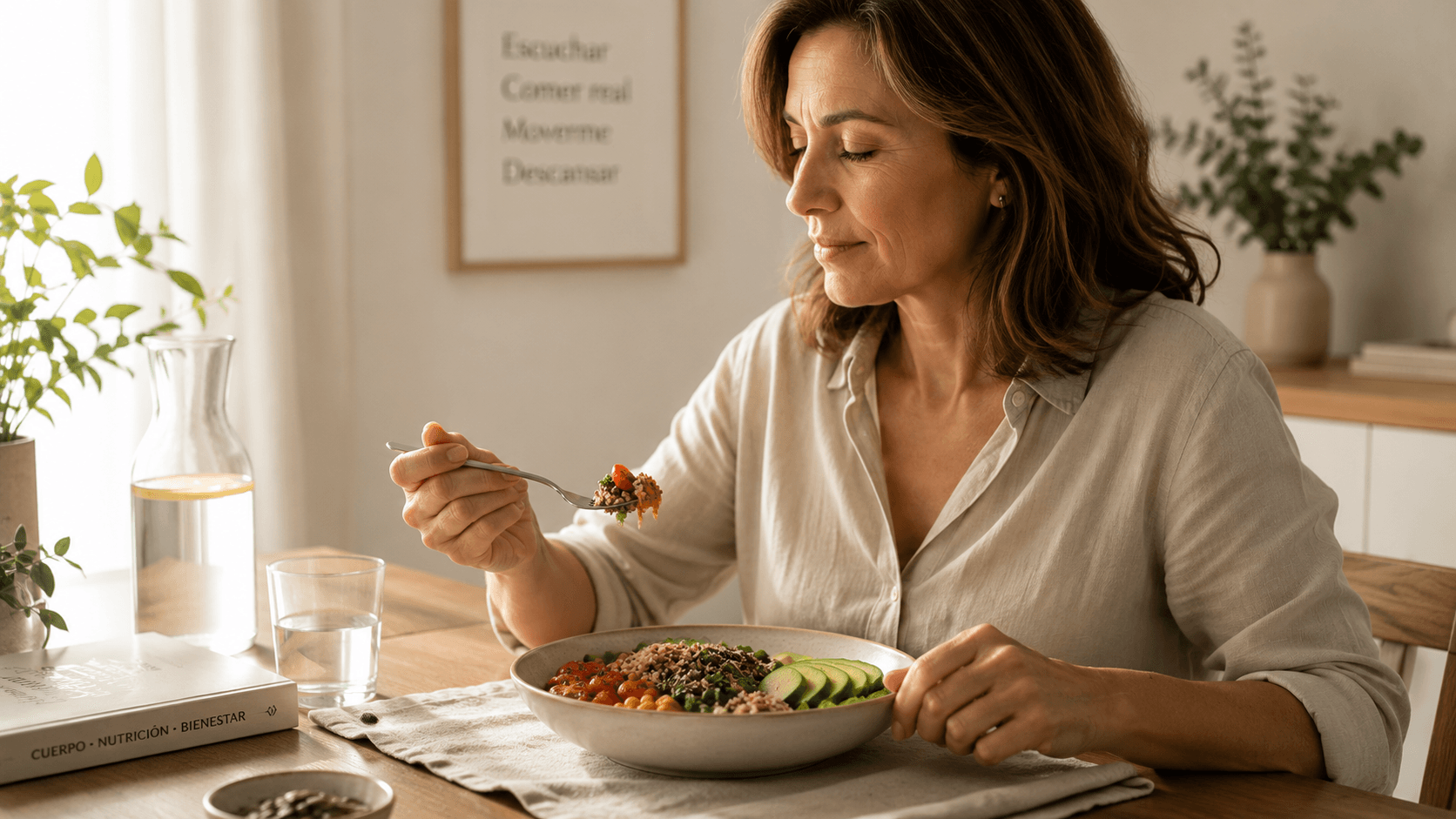 mujer comiendo despacio, serana, junto a una ventana, un plato de comida colorido, con ensalada, verdura, proteína.