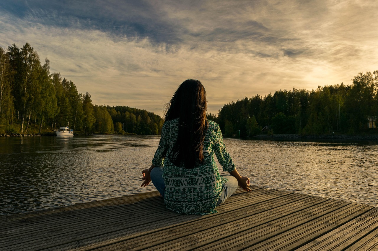 yoga, woman, lake, outdoors, lotus pose, meditation, mindfulness, balance, meditating, nature, wellness, sunset, twilight