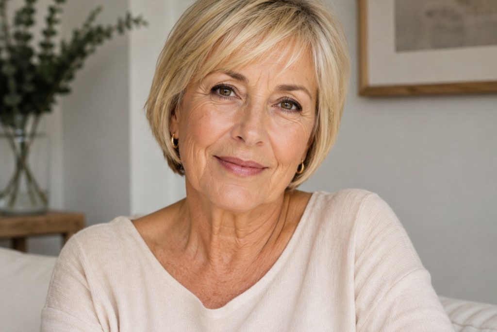 Mujer de unos 65 años, de pelo corto rubio, aún hermosa, que misa a la cámara y sonríe tranquila y segura.