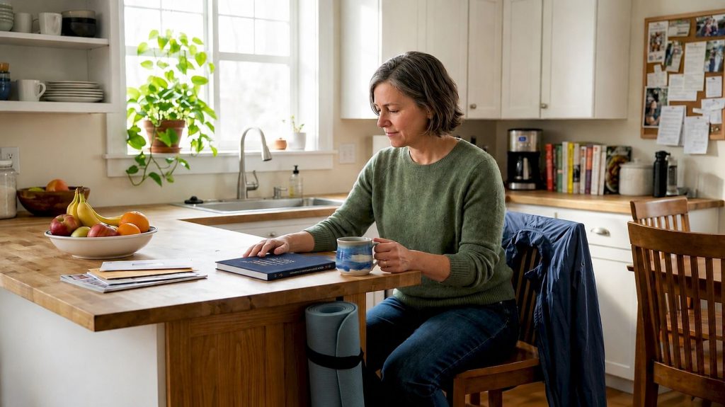 Mujer con libro en su cocina Mujer en su cocina, con una taza de té y su Diario de victorias, serana y confiada.