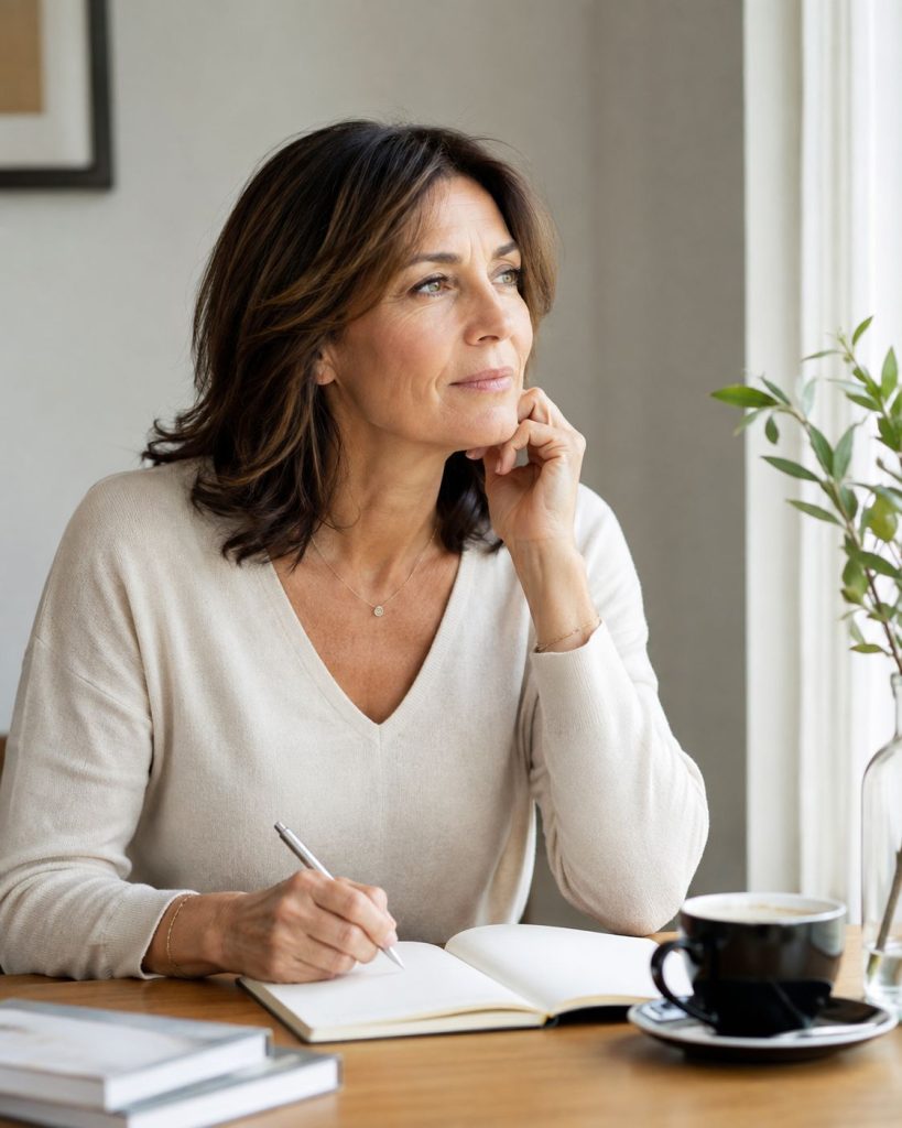 Mujer y diario Mujer de másde 50 años atractiva, serena y reflexiva, que mira por la ventana mientras escribe un diario