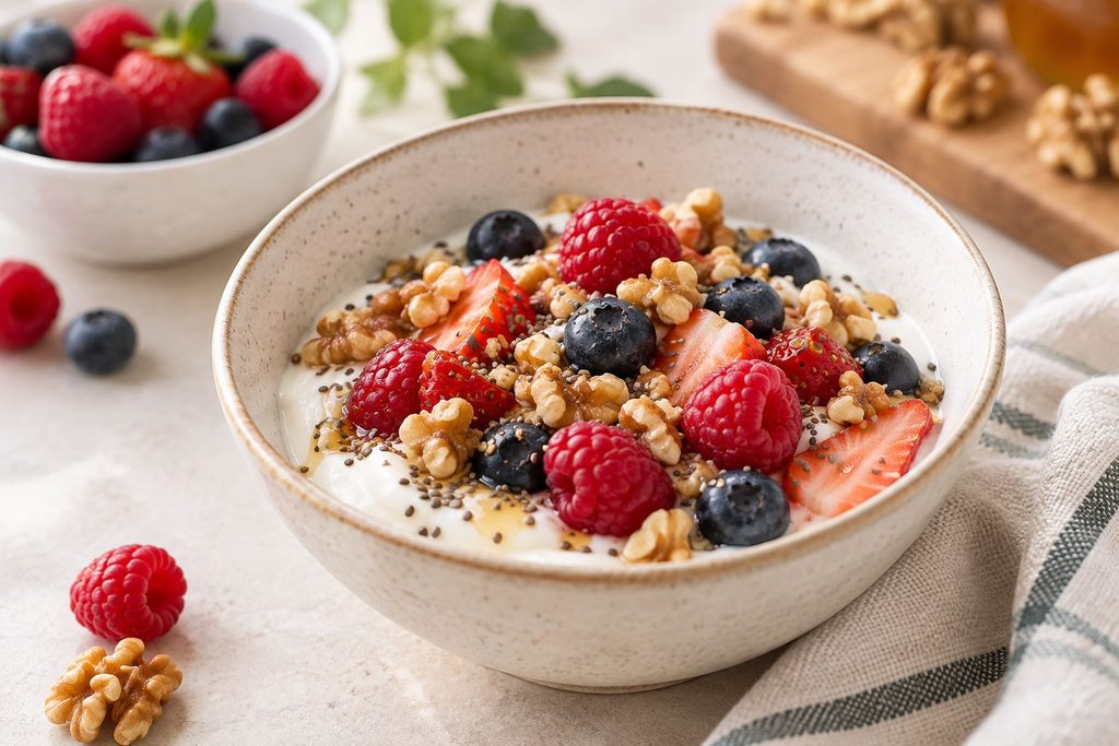 3 errores en las cenas que inflaman tu abdomen Cuenco de yogur griego con frutos rojos y nueces
