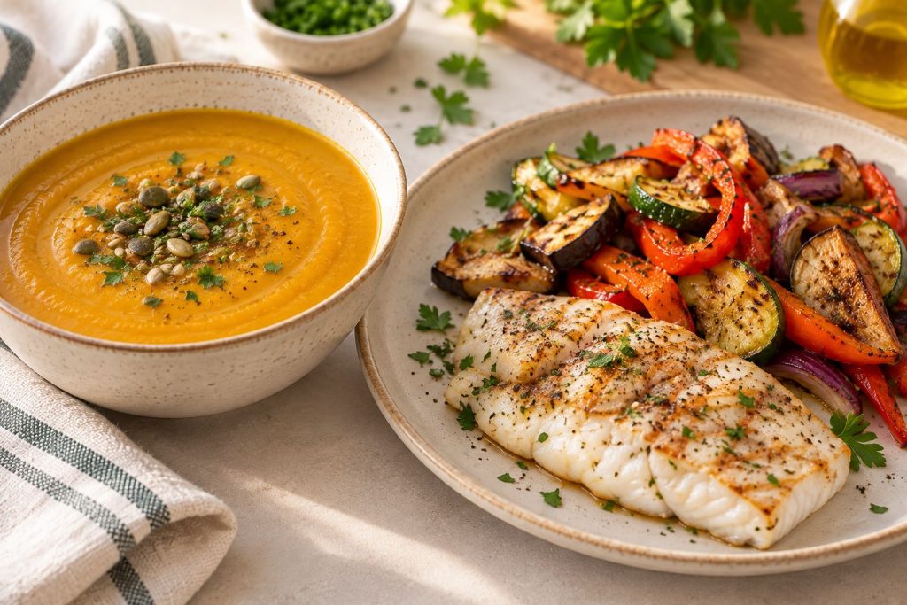 3 errores en las cenas que inflaman tu abdomen Crema de verduras con salmón a la plancha y verduras asadas