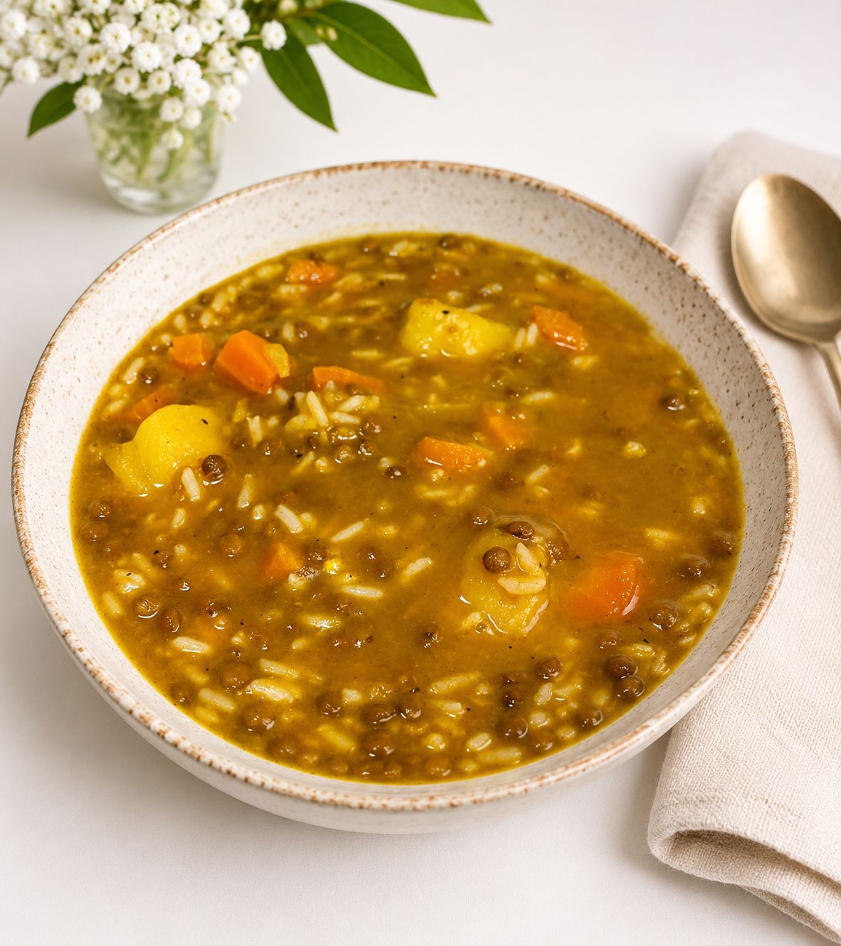 Lentejas con verduras y arroz